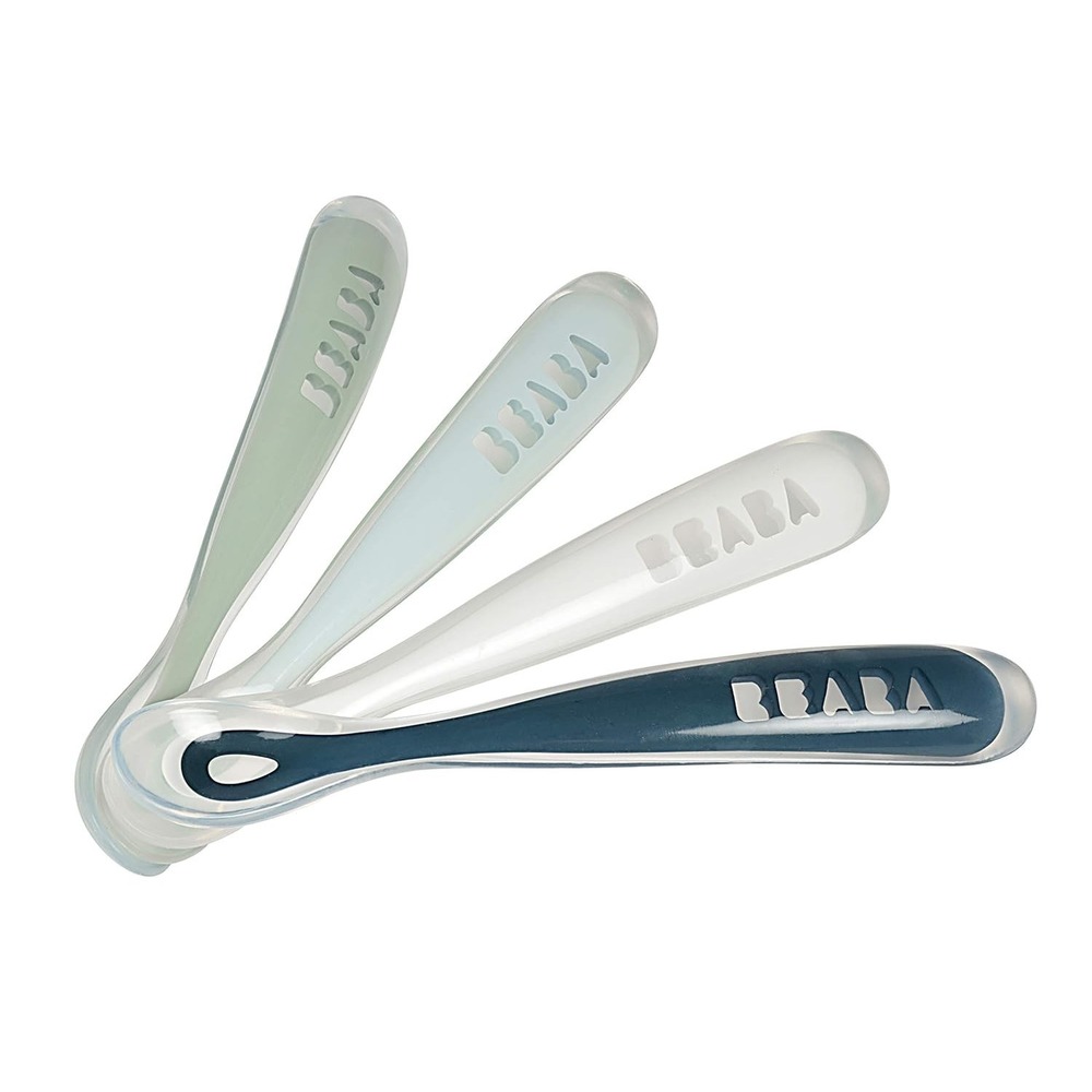 BEABA Baby First Foods Silicone Spoon Set 4 Pack Peacock Blue BPA Free